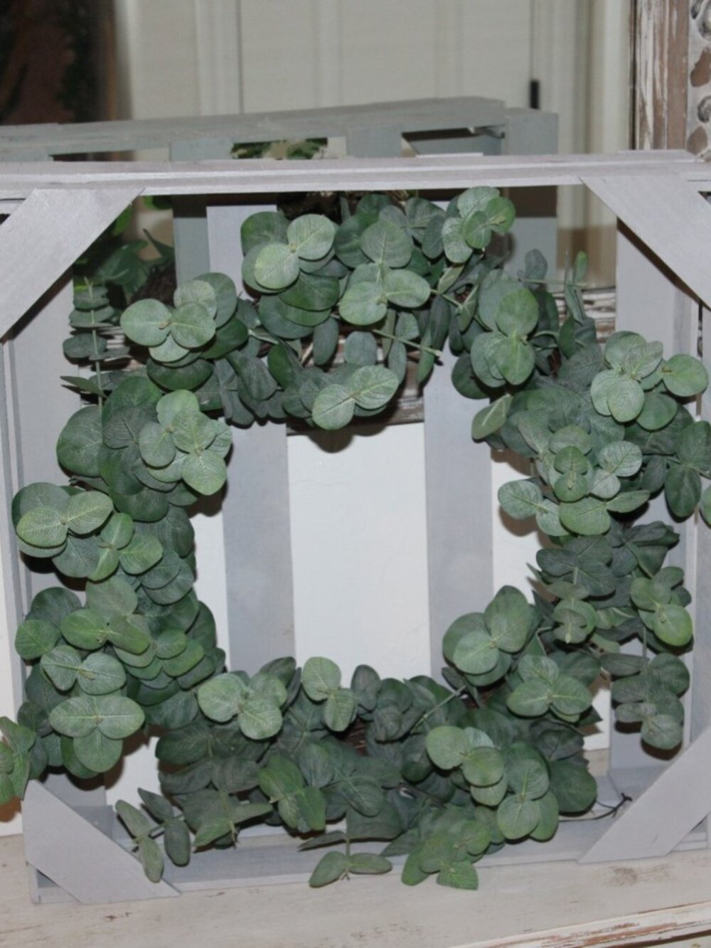 Large Shabby Gray Farmhouse Wood Crate Box Frame w/ Eucalyptus Wreath